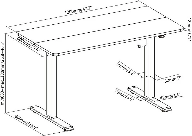Tavolinë zyre elektrike EQUIP, motor i vetëm, kapacitet 70 kg, rregullim lartësie, zi/hiri