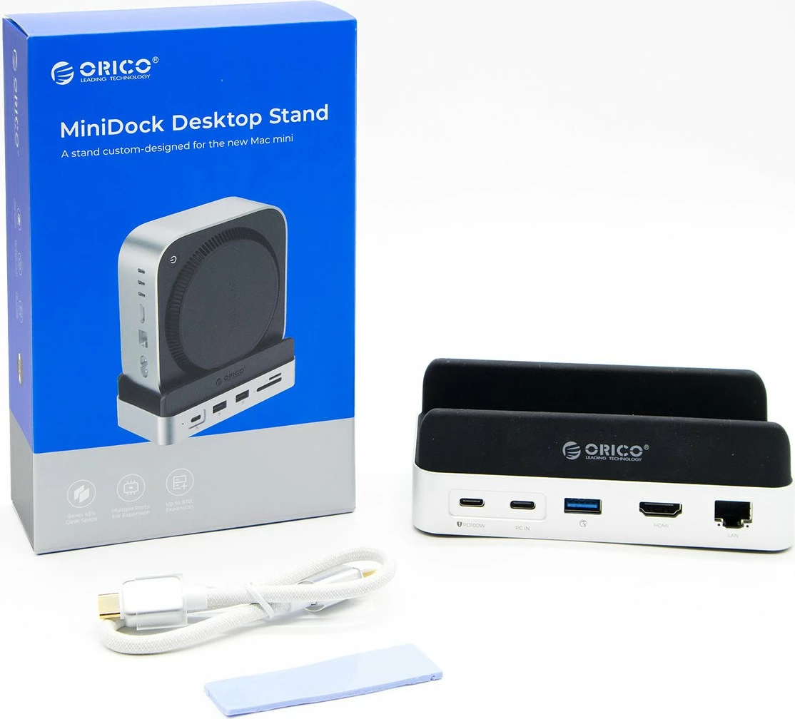 Docking station Orico MiniDock për Mac Mini M4, USB-C 10Gbps, me strehë M.2 NVMe/NGFF, HDMI 4K@60Hz, LAN, SD/microSD, PD 100W, vertikale, silver