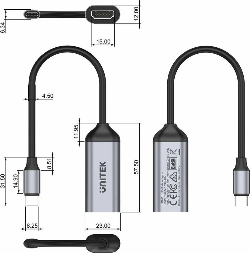 Adapter USB-C në HDMI Unitek V1420A, 4K@60Hz, HDMI 2.0, HDCP 2.3, kabllo 0.15 m, gri