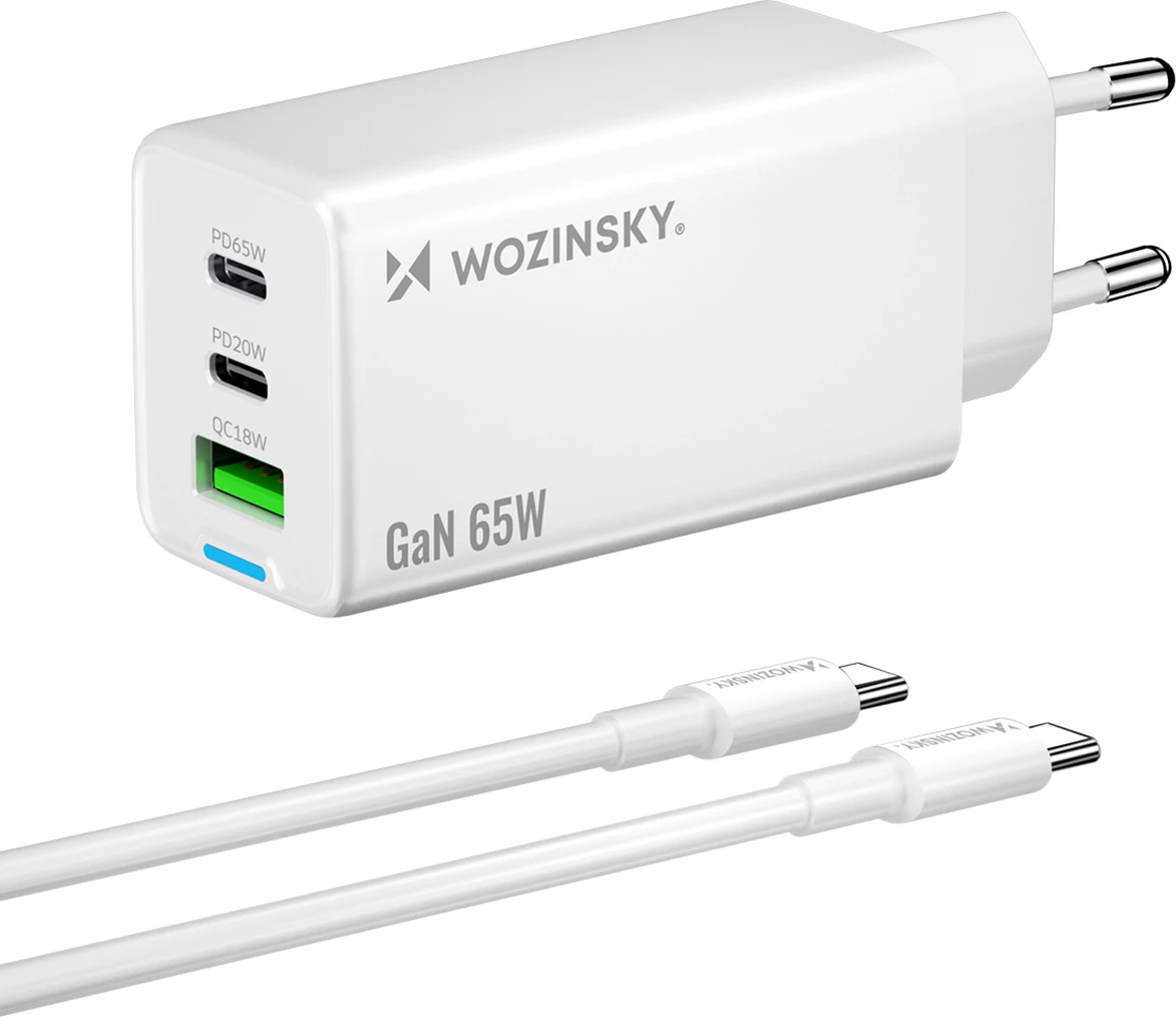 Karikues muri GaN 65W, Wozinsky WDCCBC, 2x USB-C + USB-A, PD/QC, prizë EU, me kabllo USB-C 65W 1m, i bardhë
