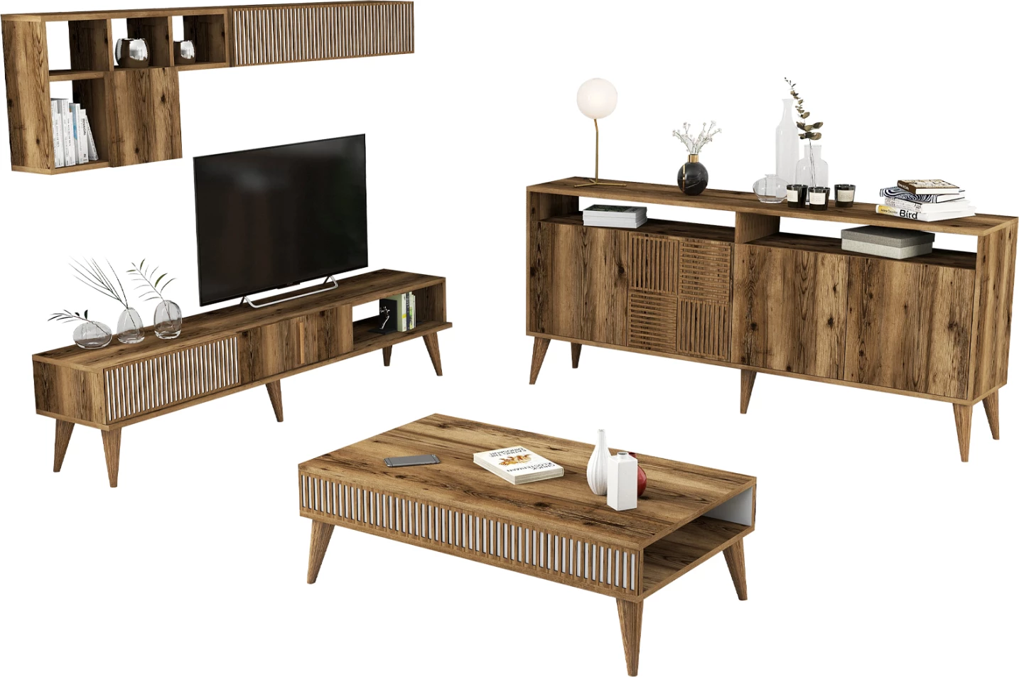 Kompozim për dhomë ndeje, FH11845.01, 3 copë, ngjyrë arre-bardhë