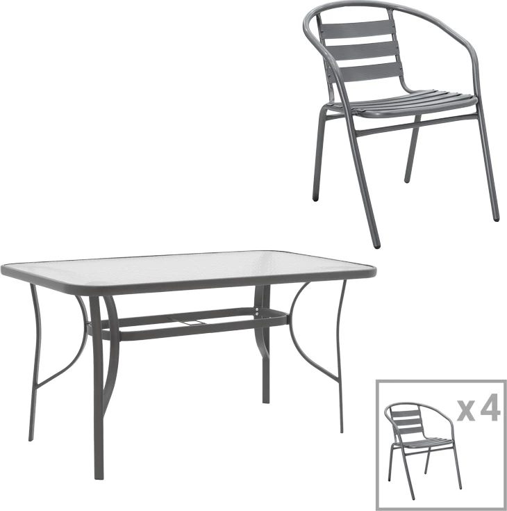 Tavolinë me karrige, 5 copë, Ensure-Tade, metal-xham, ngjyrë gri e errët, 120x70x70cm