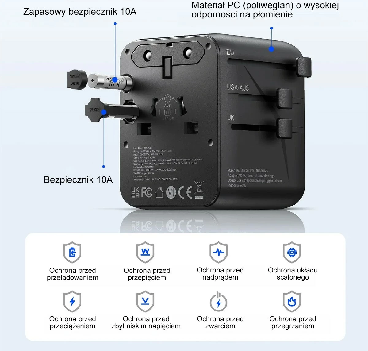 Karikues udhëtimi Orico GaN III, adapter universal UK/EU/US/AU, 2x USB-C 20W PD, USB-A, i zi