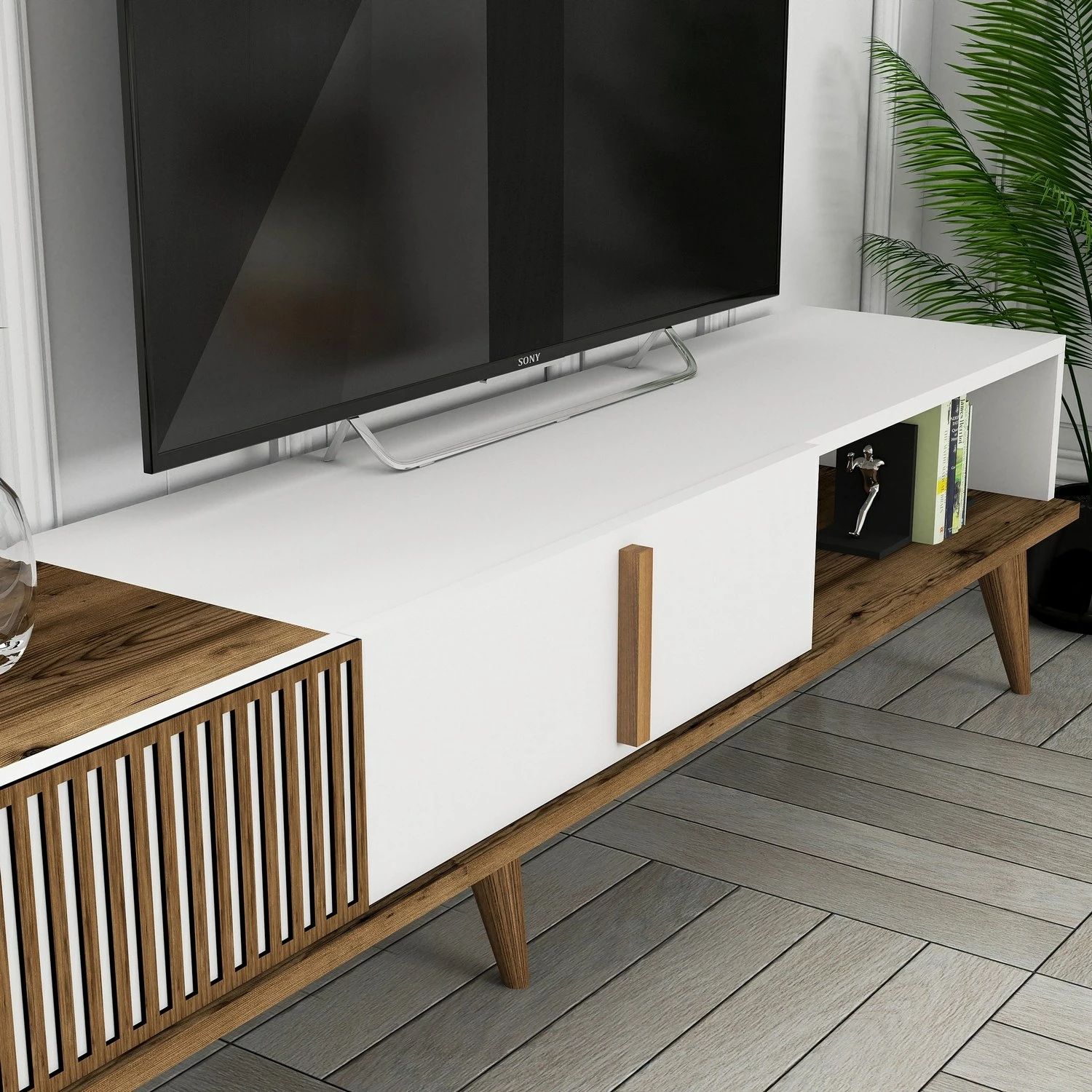 Komodë TV Hanah Home, Milan, ngjyrë arre dhe e bardhë