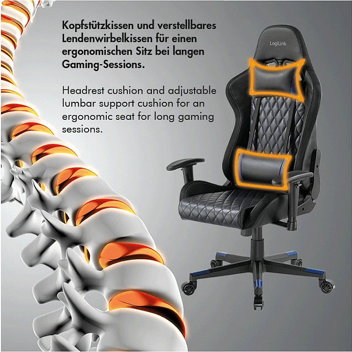 Karrige gaming LogiLink, mbështetje mesit, drita RGB, zi/kaltër