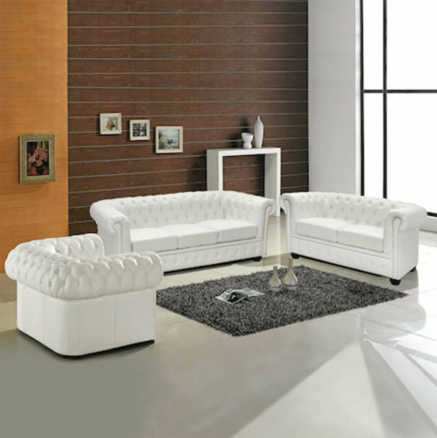 Set salloni 2/ulëse & 3/ulëse & kolltuk Chesterfield, e bardhë mat