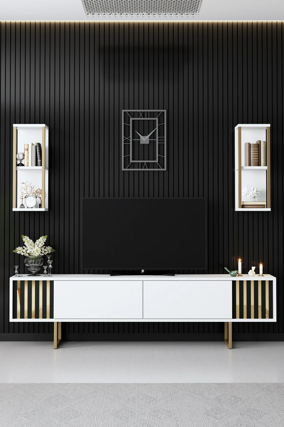 Komodë TV Hanah Home, Gold Line, e bardhë, e zezë