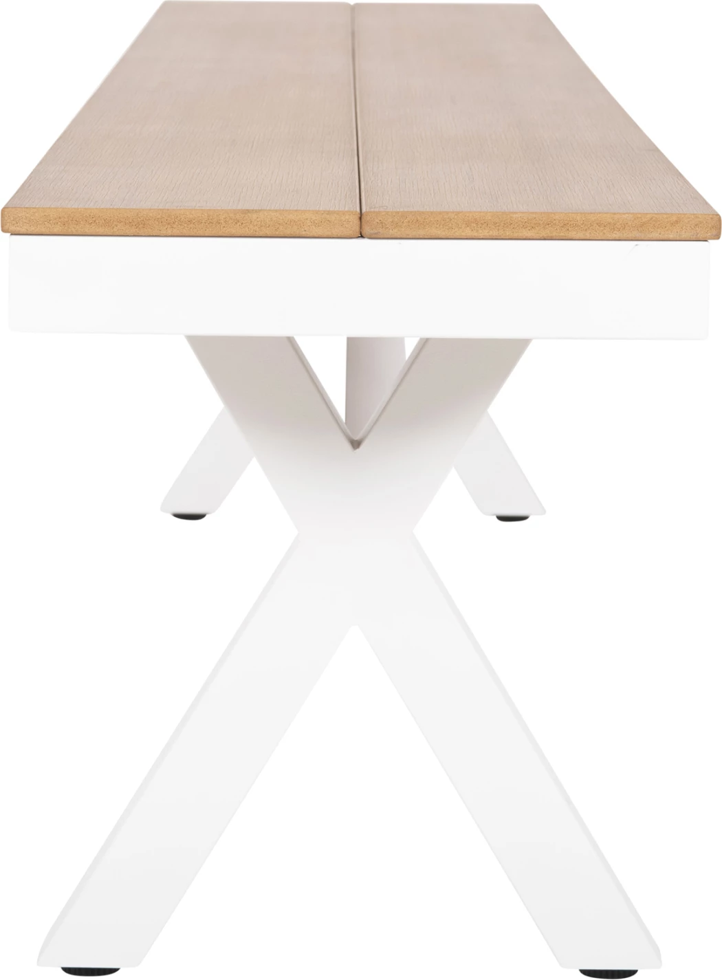 Stol alumini, TAWNEE, FH6038.02, ngjyrë e bardhë, me sipërfaqe tavoline polivudi, ngjyrë druri natyral, 150x36x45 cm