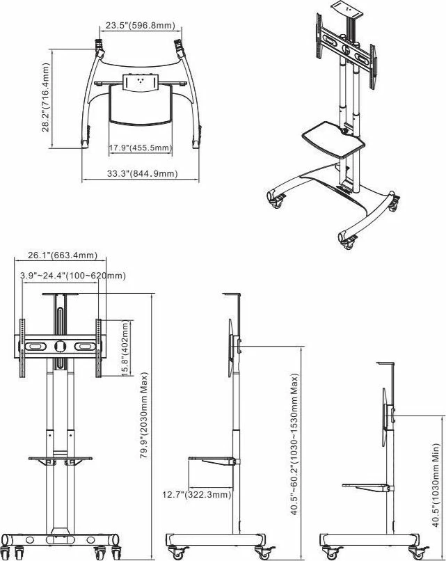 Mbajtëse TV në dysheme NB AVA1500-60-1P 32-65\", VESA 100x100-600x400, 45.5 kg, me rrota, e zezë