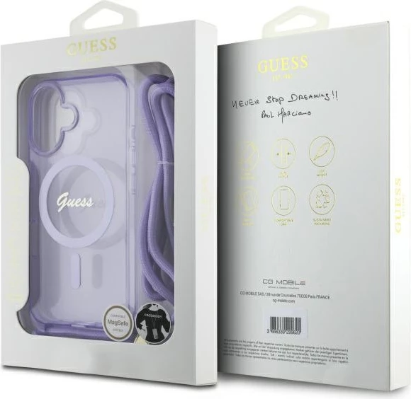 Mbështjellës Guess Crossbody Cord Script MagSafe për iPhone 16, Vjollcë