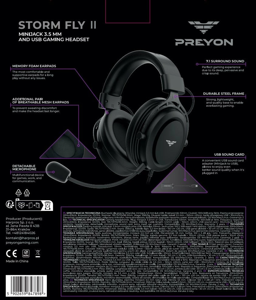 Kufje gaming PREYON Storm Fly II PSF253B 7.1 surround, me mikrofon të shkëputshëm, wired USB/3.5 mm, të zeza
