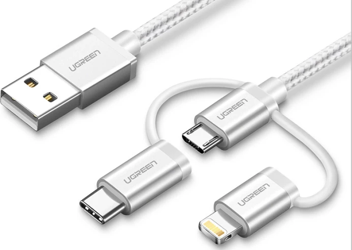 Kabllo të dhënash/karikimi 3-në-1 UGREEN 50203, USB 2.0 në Micro USB + Lightning + USB-C, 1.5 m, e bardhë