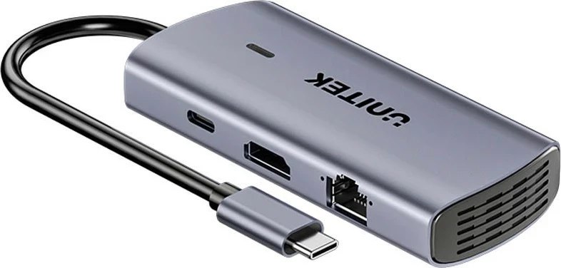 Hub USB-C Unitek 6n1, 3x USB-A 3.0, HDMI 4K@30Hz, RJ45, PD 100W, gri