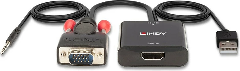 Konverter LINDY VGA + Audio në HDMI, me USB furnizim, i zi
