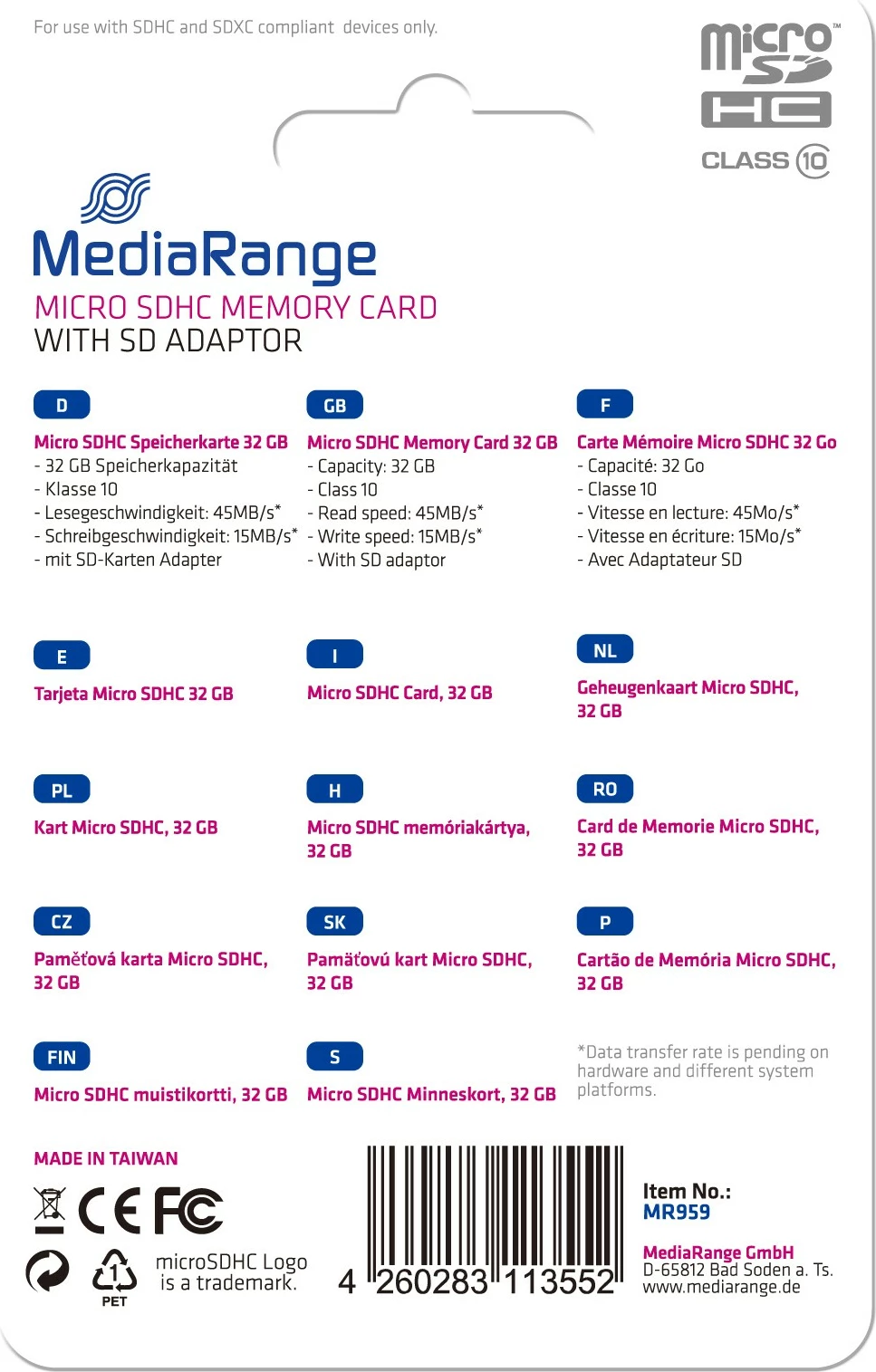 MicroSDHC kartelë MediaRange 32GB, Class 10, me adapter, e zezë
