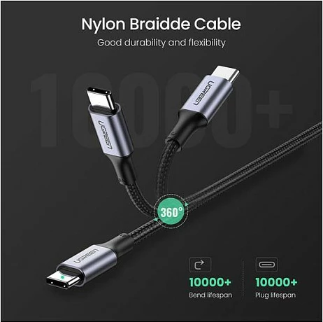 Kabllo karikimi UGREEN USB-C në USB-C 100W, 2m, e gërshetuar, e zezë