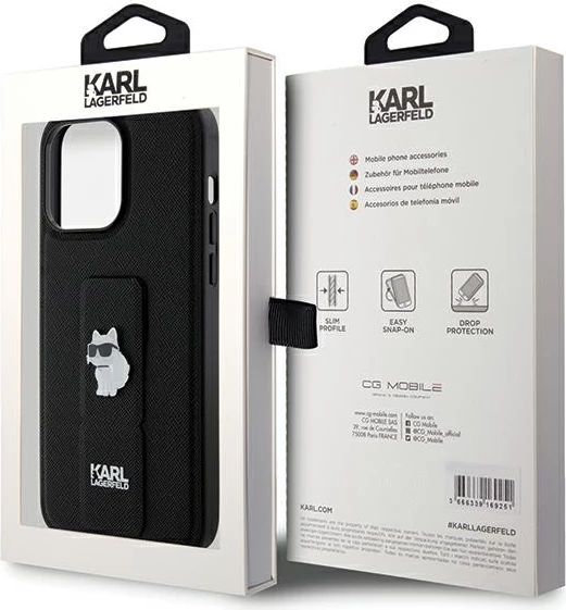 Mbështjellës Karl Lagerfeld Gripstand Saffiano Choupette Pins për iPhone 13 Pro/13, e zezë