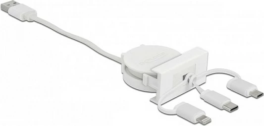 Kabllo DeLOCK Easy 45 USB 2.0 3-n-1 retraktabile, USB-A në USB-C/Micro USB/Lightning, 0.5 m, 2A, e bardhë