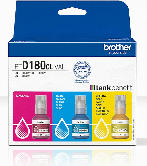 Bojë originale Brother BTD180CLVAL, shishe boje CMY, 3 copë, 5000 faqe, për DCP-T580DW/T583DW/T780DW, Cyan/Magenta/Yellow
