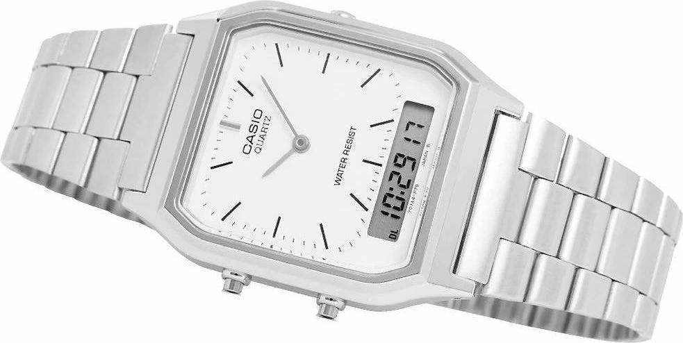 Orë dore Casio AQ-230A-7DMQ analog-digjitale për femra, rrip metalik, 3 BAR, argjend