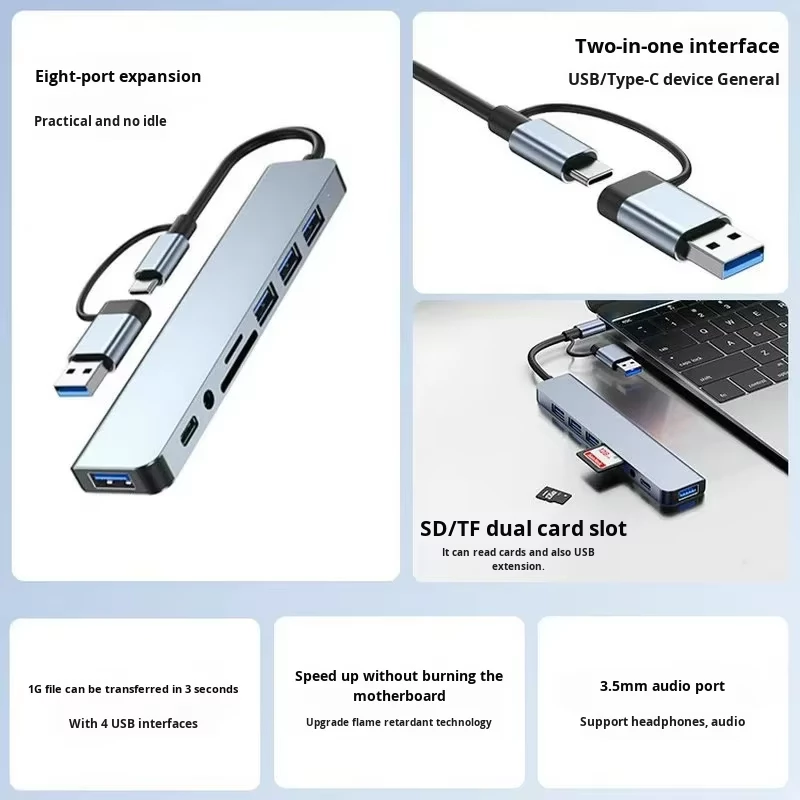 Hub USB-C 8-në-1 prej Alumini me Multi-Port dhe Adaptor të Dyfishtë