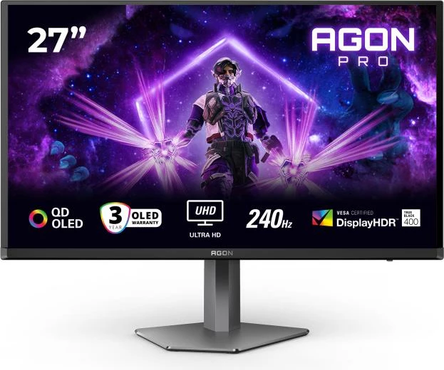 Monitor AOC AG276UZD 26.5" UHD 4K QD‑OLED 240Hz HDR TrueBlack 400 HDMI 2.1 DP 2.1 USB‑C 65W KVM, e zezë