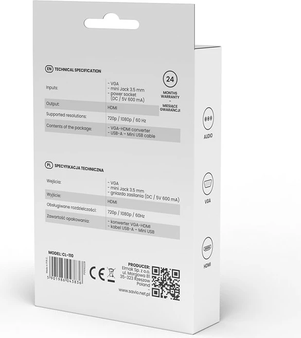 Adapter VGA në HDMI Savio CL-110, Full HD 1080p, i bardhë