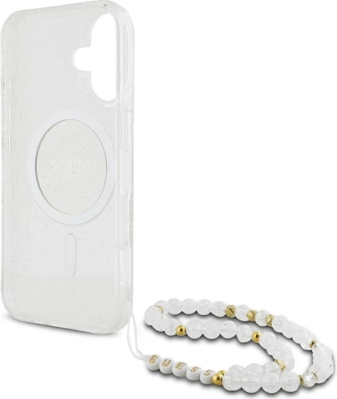 Mbështjellës Guess IML Glitter me rrip perlash MagSafe për iPhone 16, Transparent