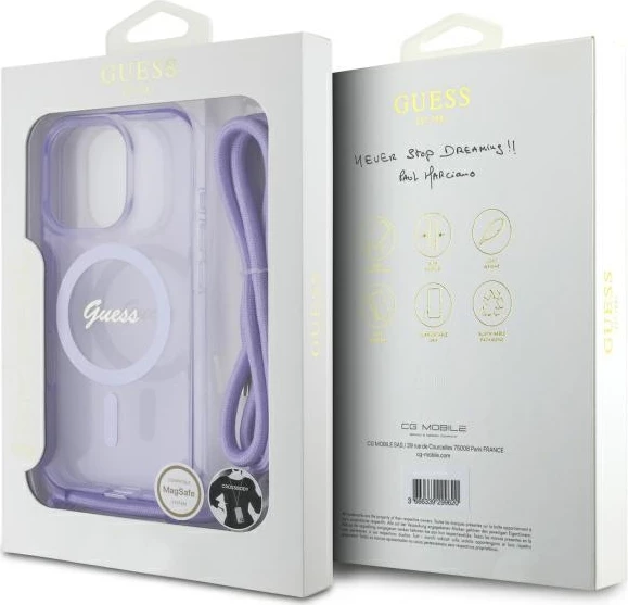 Mbështjellës Guess Crossbody Cord Script MagSafe për iPhone 16 Pro Max, Vjollcë