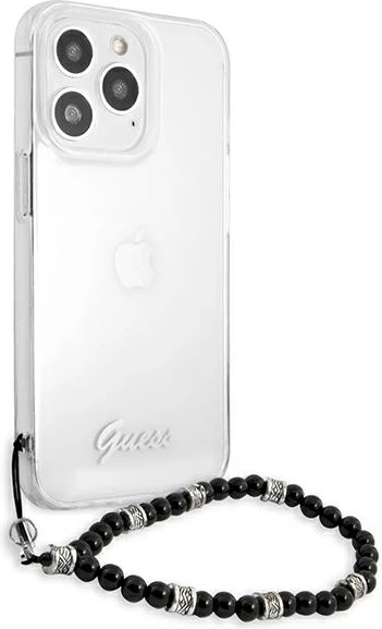 Mbështjellës Guess GUHCP13LKPSBK për iPhone 13/13 Pro 6.1", transparent me varëse perlë, Black Pearl