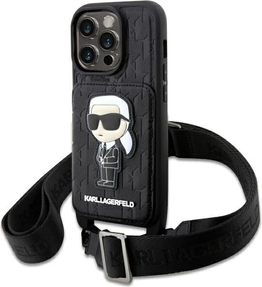 Mbështjellës Karl Lagerfeld KLHCP14LCSAKHPKK për iPhone 14 Pro 6.1", Crossbody Saffiano Monogram Ikonik, i zi me rrip