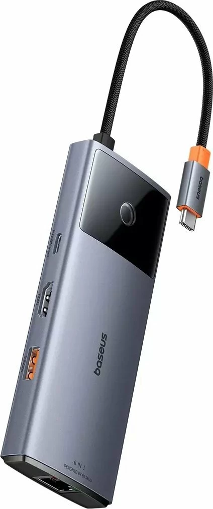 Hub USB Baseus Metal Gleam Series II 6-në-1 USB-C, HDMI 4K@60Hz, RJ-45 1Gbps, USB-C PD 100W, 2x USB-A 3.2 Gen2 10Gbps, gri