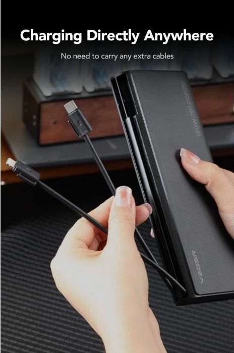 Powerbank VEGER TC130 25000mAh 130W me kabllo USB-C/Lightning, me ekran LCD, e zezë