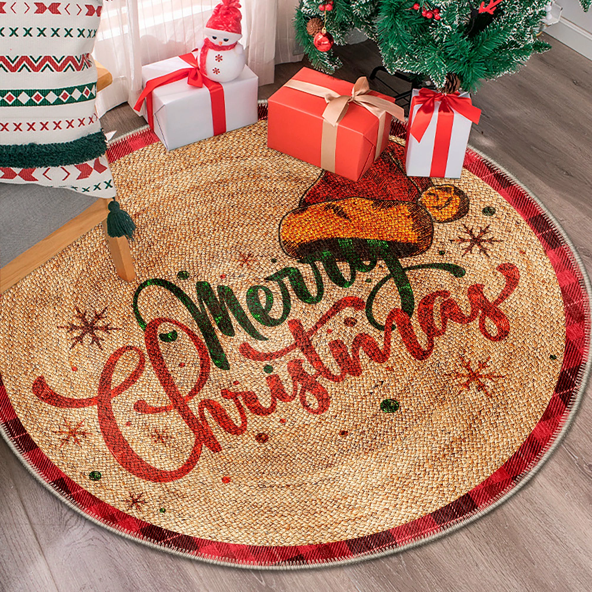 Qilim i rrumbullakët, dizajn 'Merry Christmas', shumëngjyrësh, Woobtny0318, 110x110cm