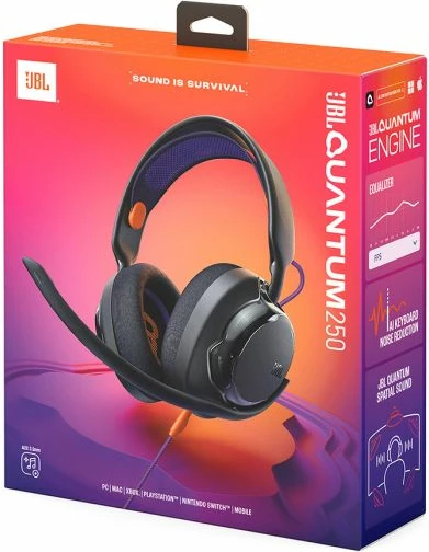 Kufje gaming me kabllo JBL Quantum 250, over-ear, 50 mm, 3.5 mm, me mikrofon boom të heqshëm, të zeza