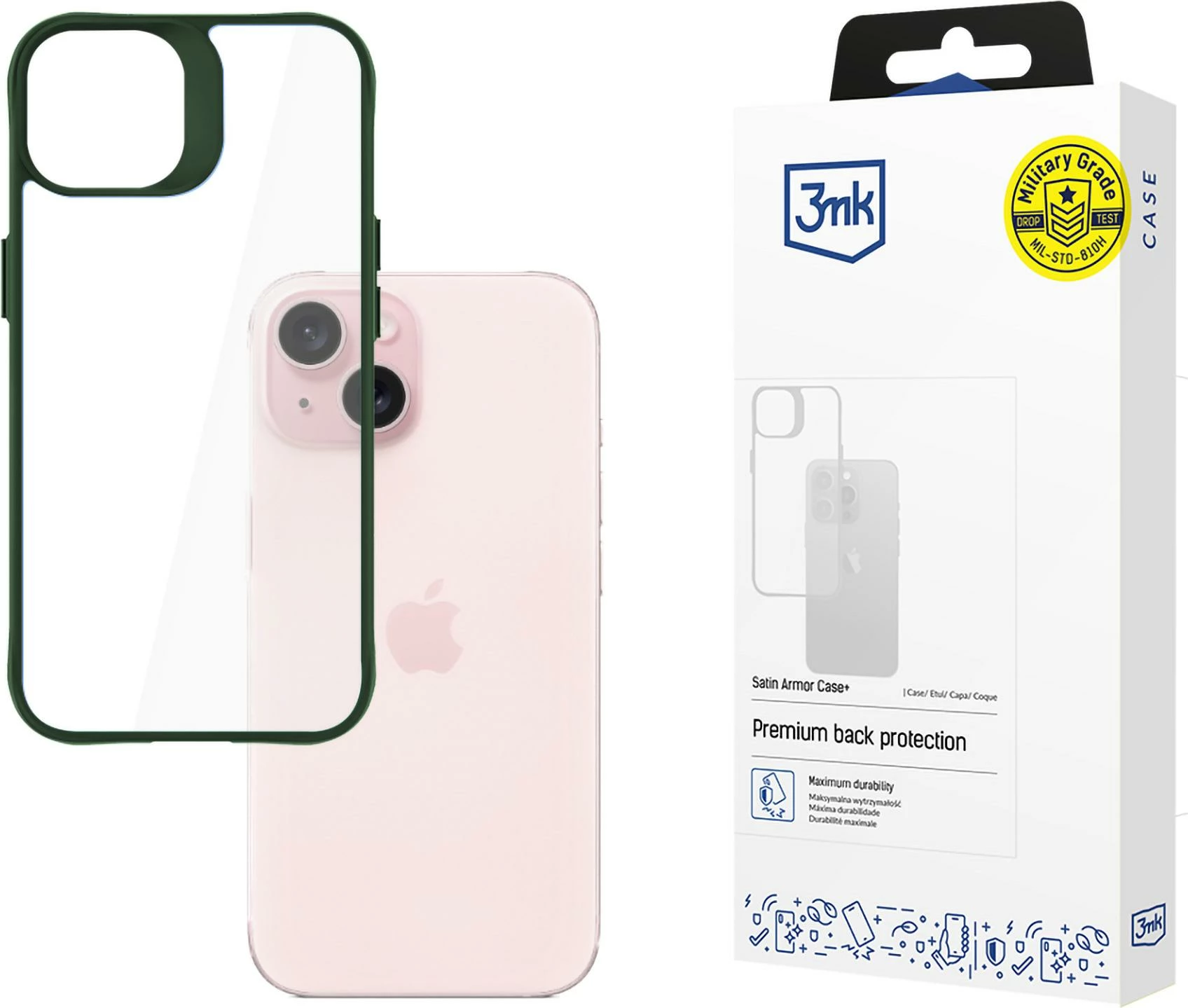 Mbështjellës 3mk Satin Armor Case+ për iPhone 15, Transparent me kornizë të gjelbër
