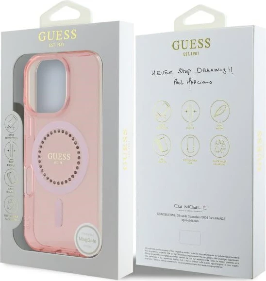 Mbështjellës Guess IML Rhinestones MagSafe për iPhone 16 Pro, Rozë