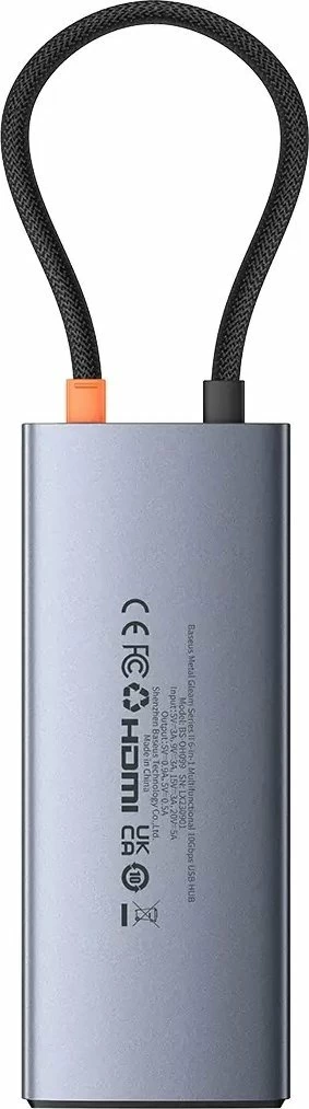 Hub USB Baseus Metal Gleam Series II 6-në-1 USB-C, HDMI 4K@60Hz, RJ-45 1Gbps, USB-C PD 100W, 2x USB-A 3.2 Gen2 10Gbps, gri