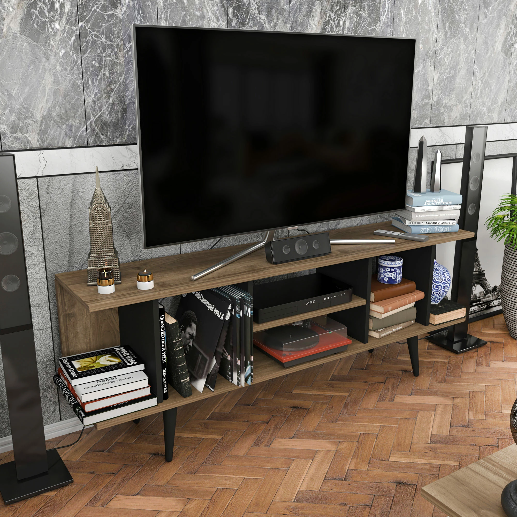 Komodinë TV Skye Decor, ngjyrë arre, e zezë