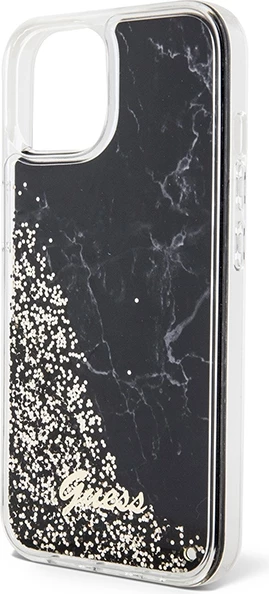 Mbështjellës Guess Liquid Glitter Marble për iPhone 14, i zi