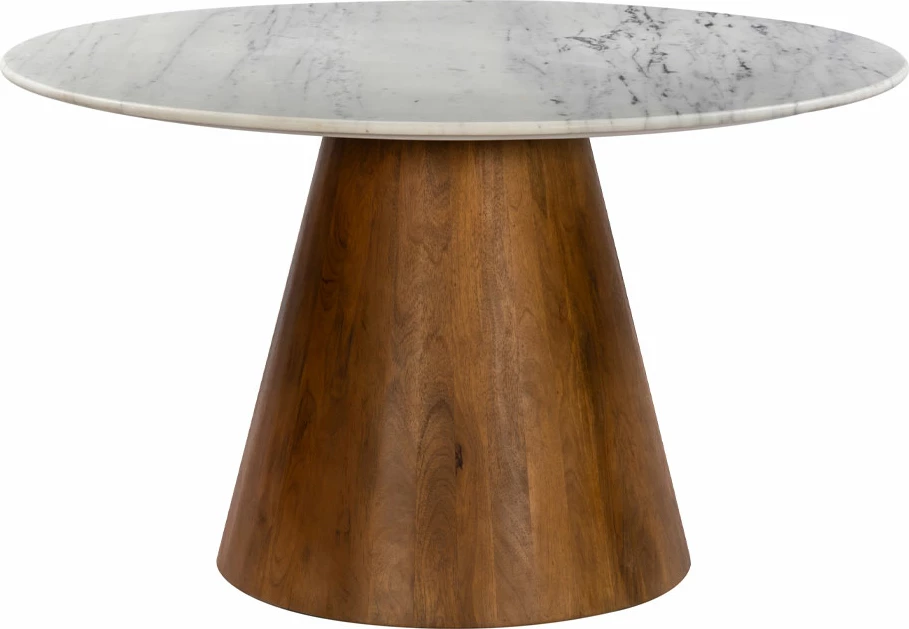Tavolinë CESARE, mermer i bardhë, këmbë dru mango, 130x130x77cm