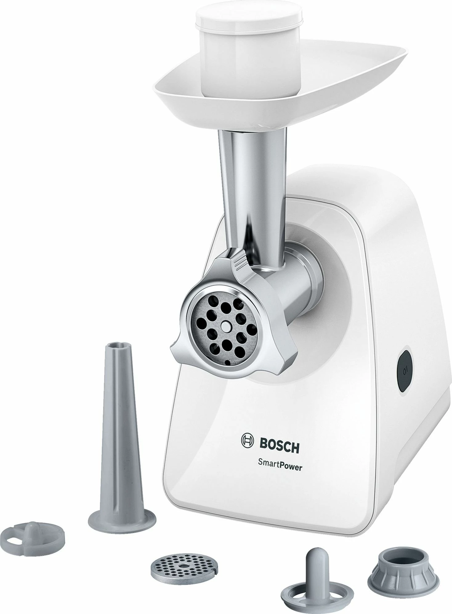Grirëse mishi Bosch MFW2520W 350 W, 1.7 kg/min, reverse, me shtojcë për suxhuk e kebbe, e bardhë
