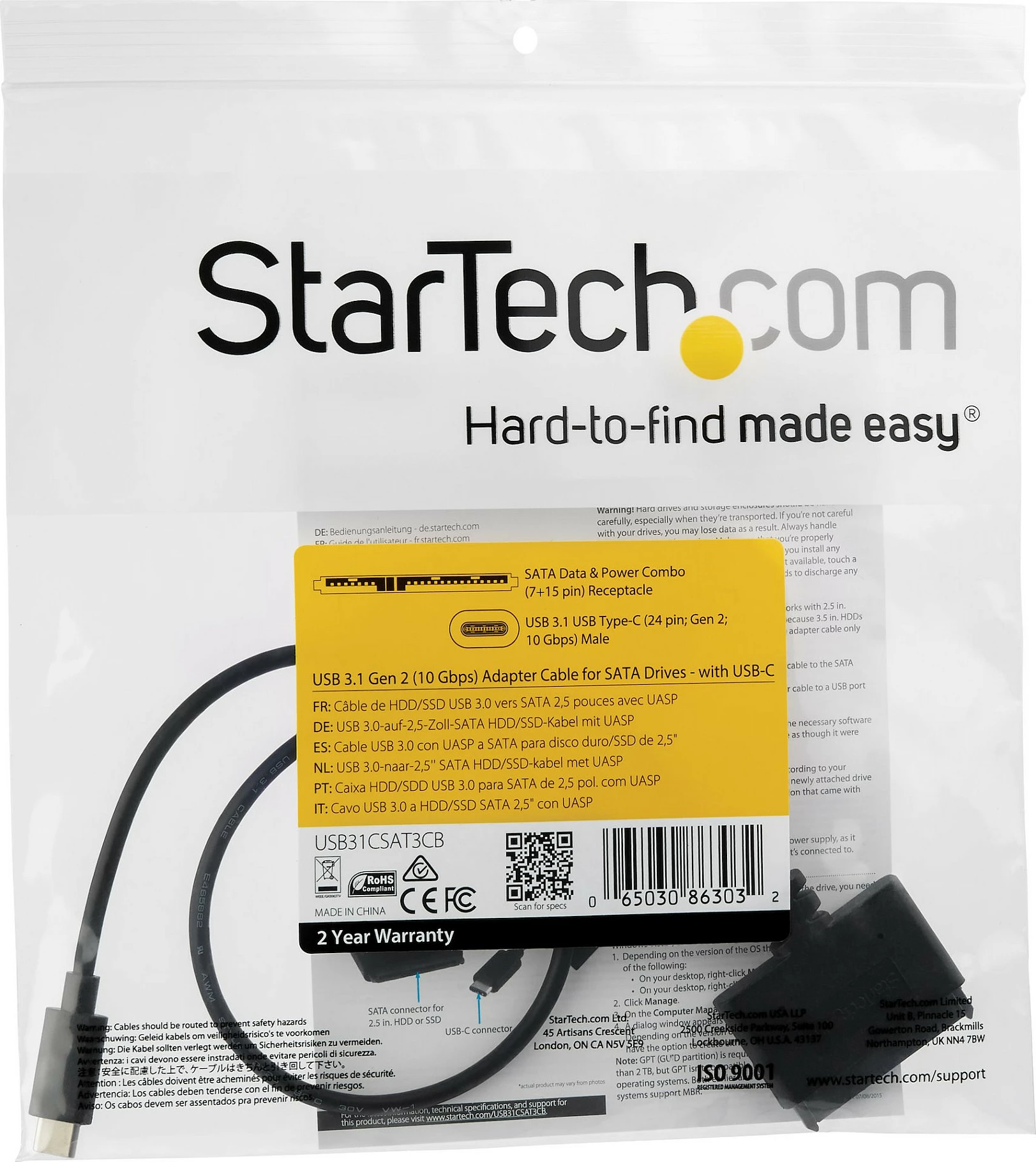 Kabllo adapter StarTech USB31CSAT3CB USB-C në SATA për 2.5", USB 3.1 Gen 2 10Gbps, 0.5m, e zezë