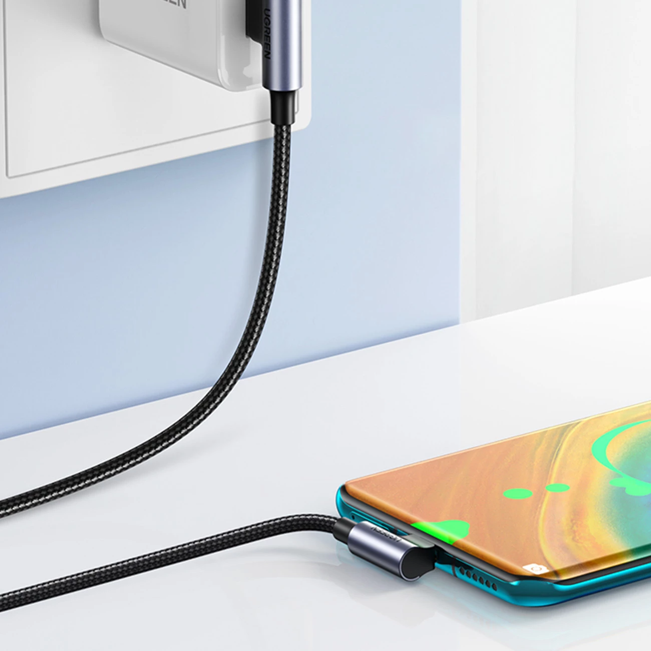 Kabllo Ugreen USB C në USB 2.0, 3m, 3A, kënd 90°, e zezë