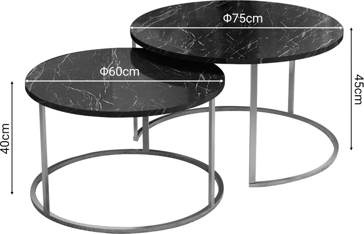 Tavolina kafeje Solme set 2 copë, mermer i zi, melaminë-metal i artë