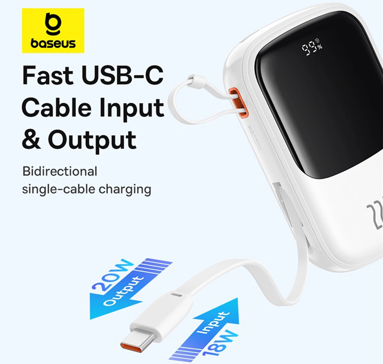 Powerbank Baseus QPow Pro+ 20000mAh me display, 22.5W, kabllo USB-C e integruar, Bardhë