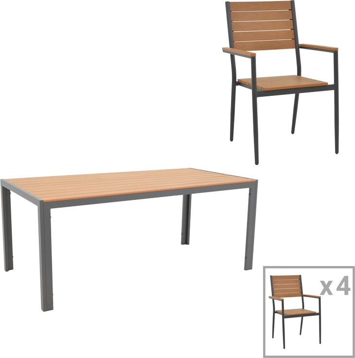 Tavolinë me karrige Nares-Vitality set prej 5 copash alumini dhe kompensatë, ngjyrë natyrale dhe antracit, 180x90x72.5cm