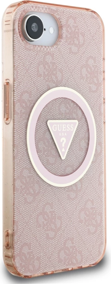 Mbështjellës Guess IML Metal Glitter 4G Circle Triangle MagSafe për iPhone 16e, Rozë