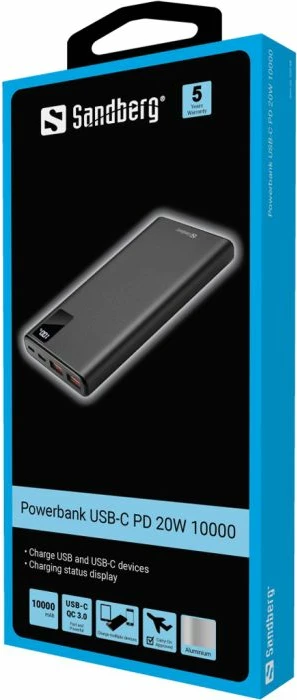 Powerbank Sandberg 420-58 10000 mAh USB-C PD 20W, i zi, set me kabllo USB-A në USB-C 30 cm