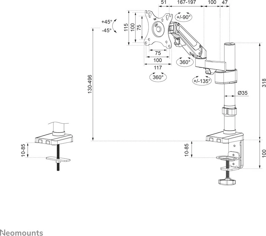 Krah monitori Neomounts DS70-750BL1, gas spring, 17-27 inç, kapacitet 7 kg, e zezë